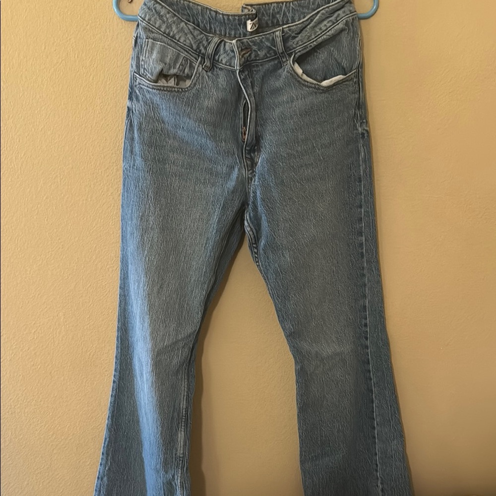 Zara Blue Wide Leg Flare Jeans with Distressed Look
